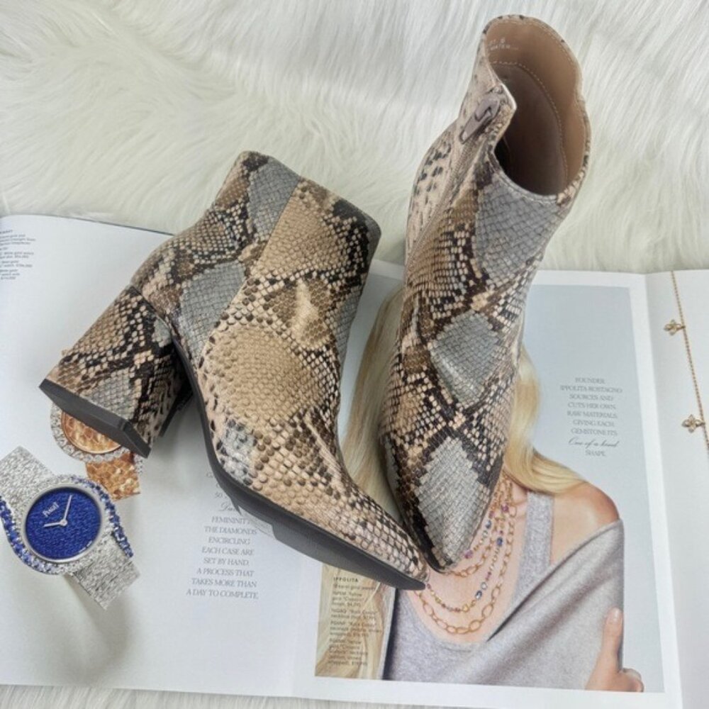 Women's Bamboo Snake Embossed Faux Leather Chunky Block Heel Ankle Bootie